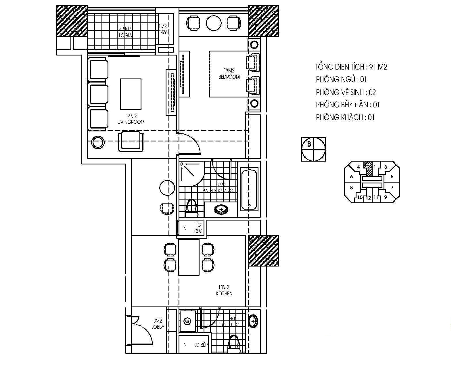 căn 91m2 191 bà triệu có ban công, 02PN, 01PK, 01 phụ.