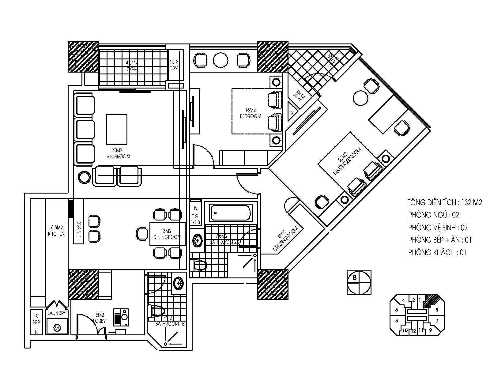 căn 132m2 191 bà triệu có ban công, 02PN, 01PK, 01 phụ.