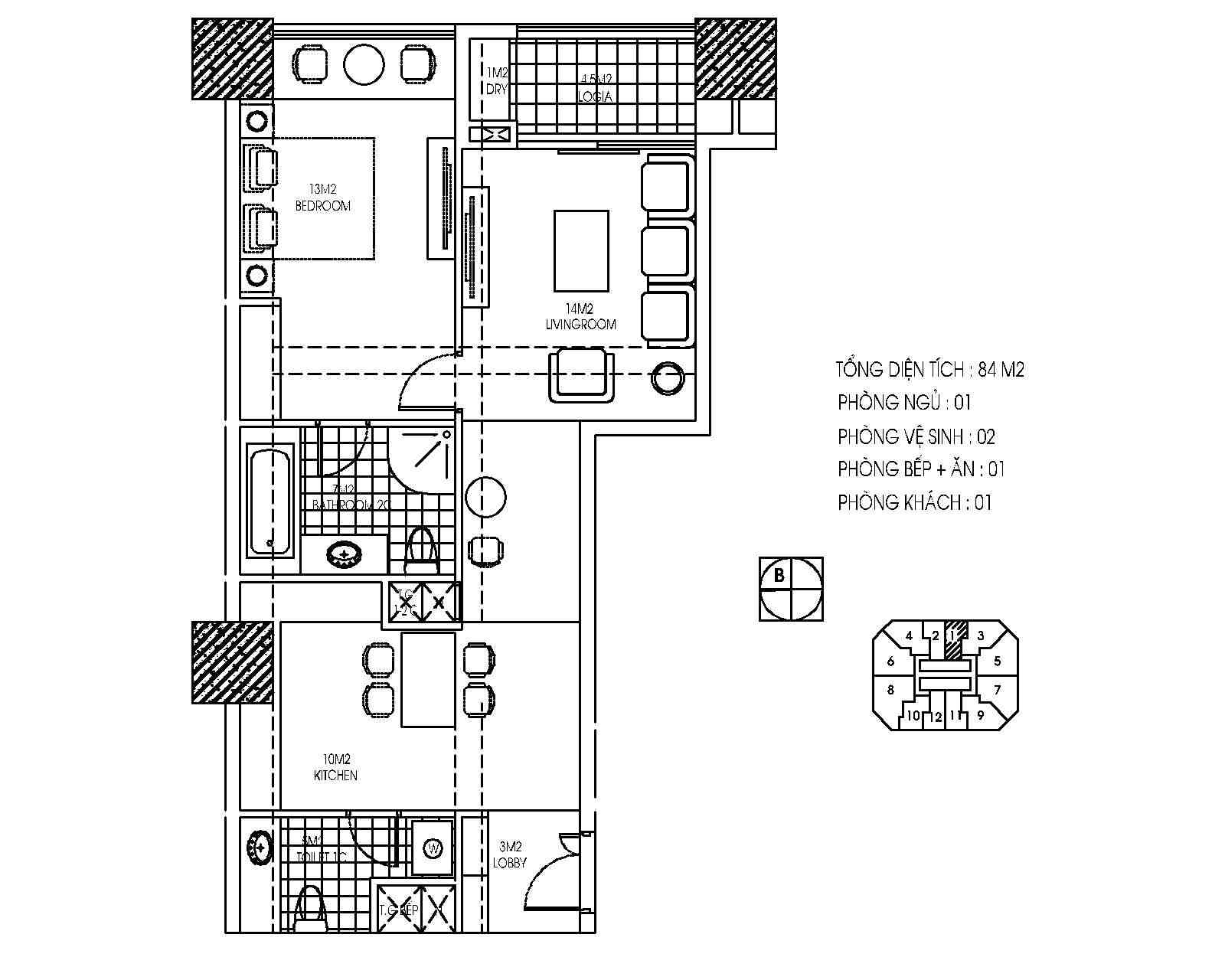 căn 84m2 191 bà triệu có ban công, 02PN, 01PK, 01 phụ.