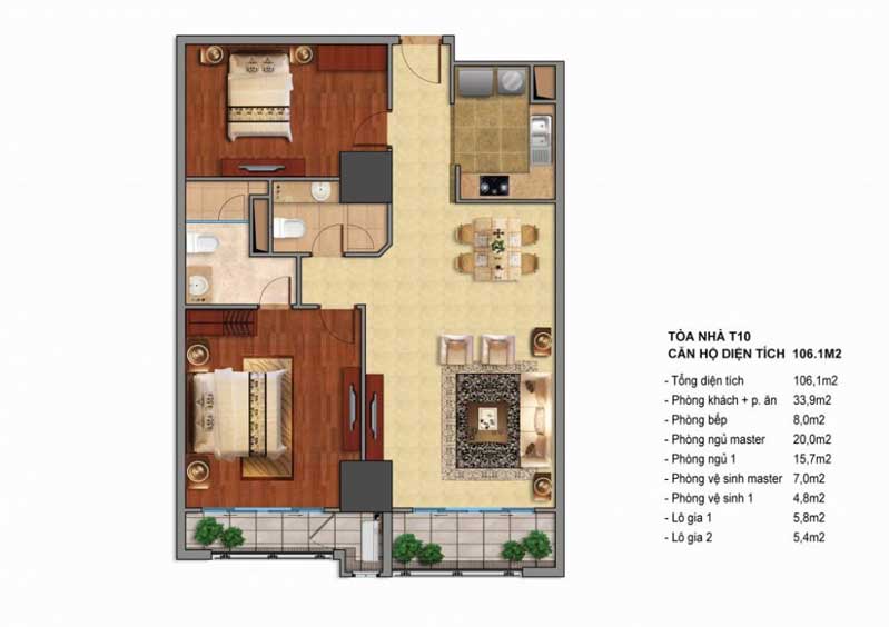 Mặt bằng và Layout căn hộ tòa nhà T10 Times City 106m